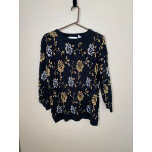 Vintage Margales Plus Floral Knit Sweater Women’s 42 Black Gold Silver Metallic